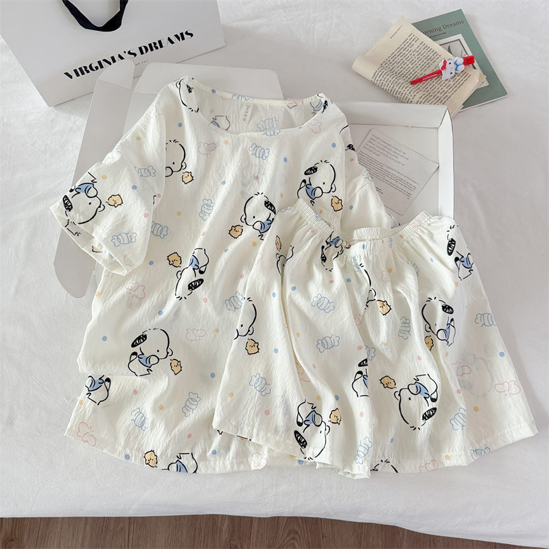 Transfronterizo al por mayor pijamas de algodón nubes de dibujos animados ropa de casa de mujer chaqueta manga corta pantalones cortos set set de cuello redondo set de dos piezas