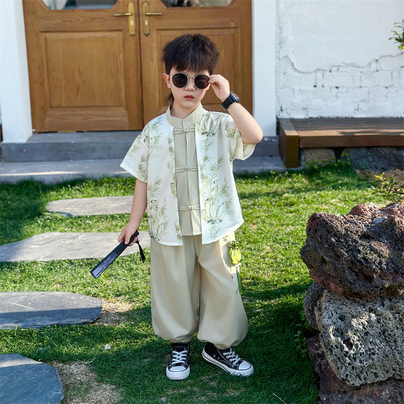 7303 Traje de estilo chino para niños Traje Tang mejorado de manga corta de verano Nuevo estilo chino para niños Traje de dos piezas de verano