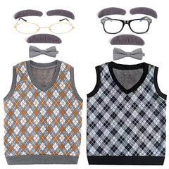 Halloween senior costume set for children, including elderly grandma and grandpa costumes, wigs, vests, and beards for kids' performances.