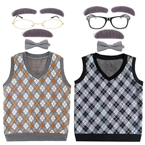 Halloween senior costume set for children, including elderly grandma and grandpa costumes, wigs, vests, and beards for kids' performances.