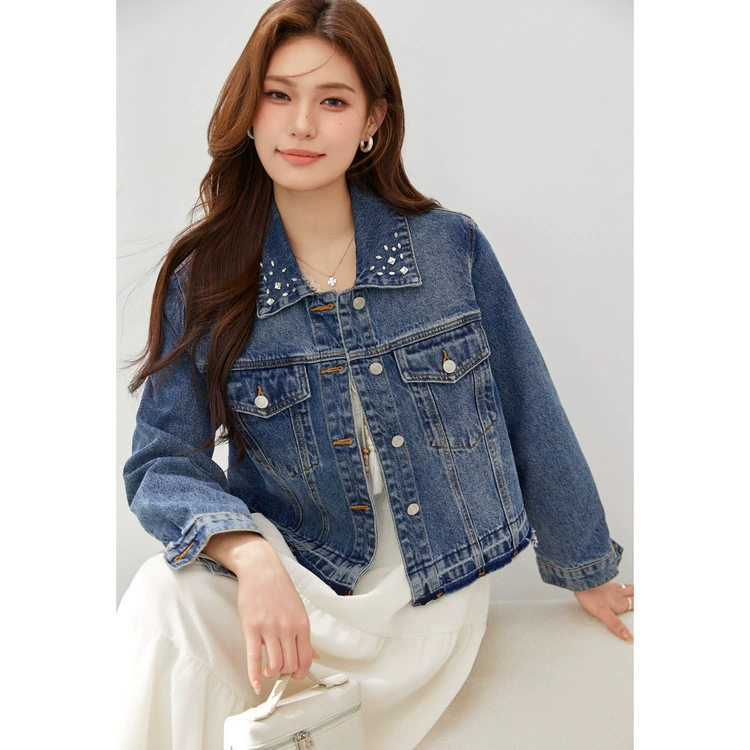 [Модный тренд бисер с вырезом темперамента джинсовая куртка] Funny Show большой размер женский толстый mm2025 весенний новый