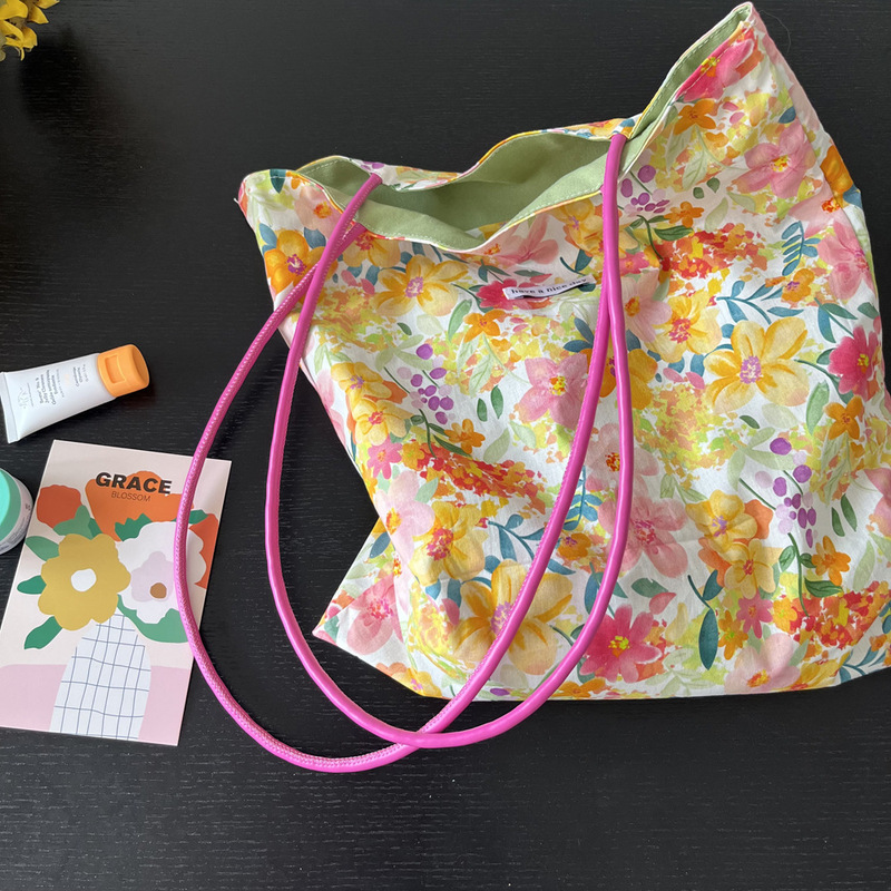 Colorful Summer Fresh Floral Bag Niche Design Canvas Bag Pu Shoulder Strap Shoulder Bag Literary Forest Style Commuter Women's Bag