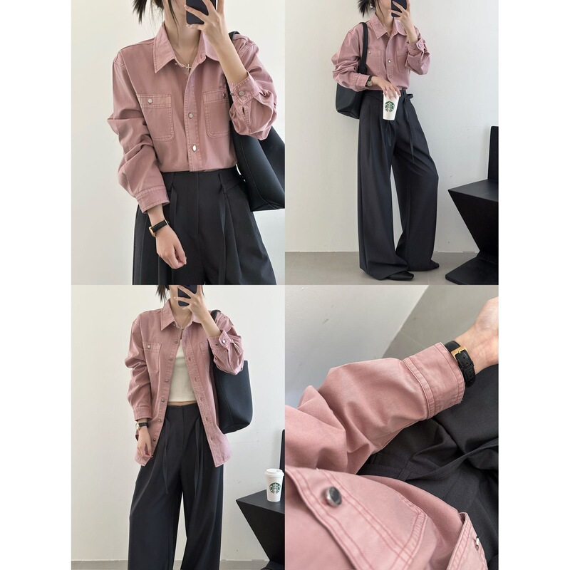 Dry rose pink fondant pink washed denim shirt with bamboo texture, off-shoulder sleeve jacket, pink off-shoulder top Dry rose pink fondant pink washed denim shirt with bamboo texture, off-shoulder sleeve jacket, pink off-shoulder top