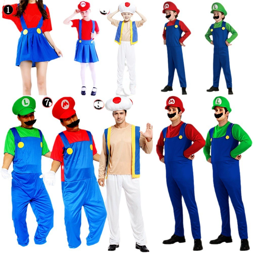 Costume Super Mario-style Overalls Set, Red/Green, Adults & Kids, Sizes 95–188 cm