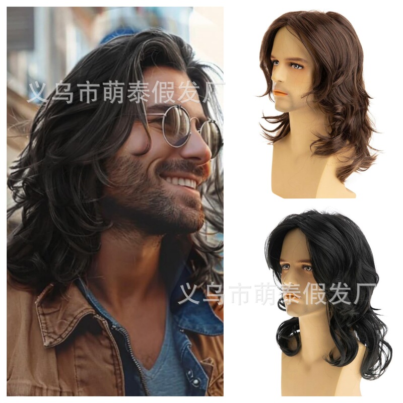 Cross-border exclusive for new European and American men's wigs with medium long curly hair men's natural curly hair with medium long hair brown in stock