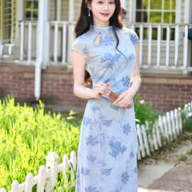 夏季温柔风新中式旗袍2026新款弹力网纱气质绝美不撞款连衣裙涤纶