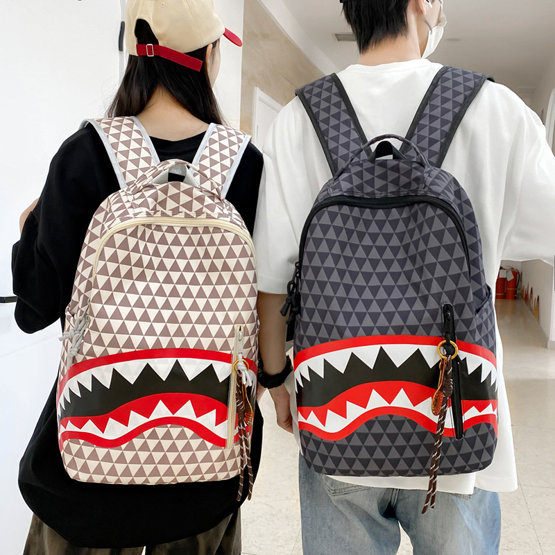 Men's Niche Fashion Plaid Shark Bag Backpack Student School Bag Large Capacity Street Backpack Travel Bag Wholesale