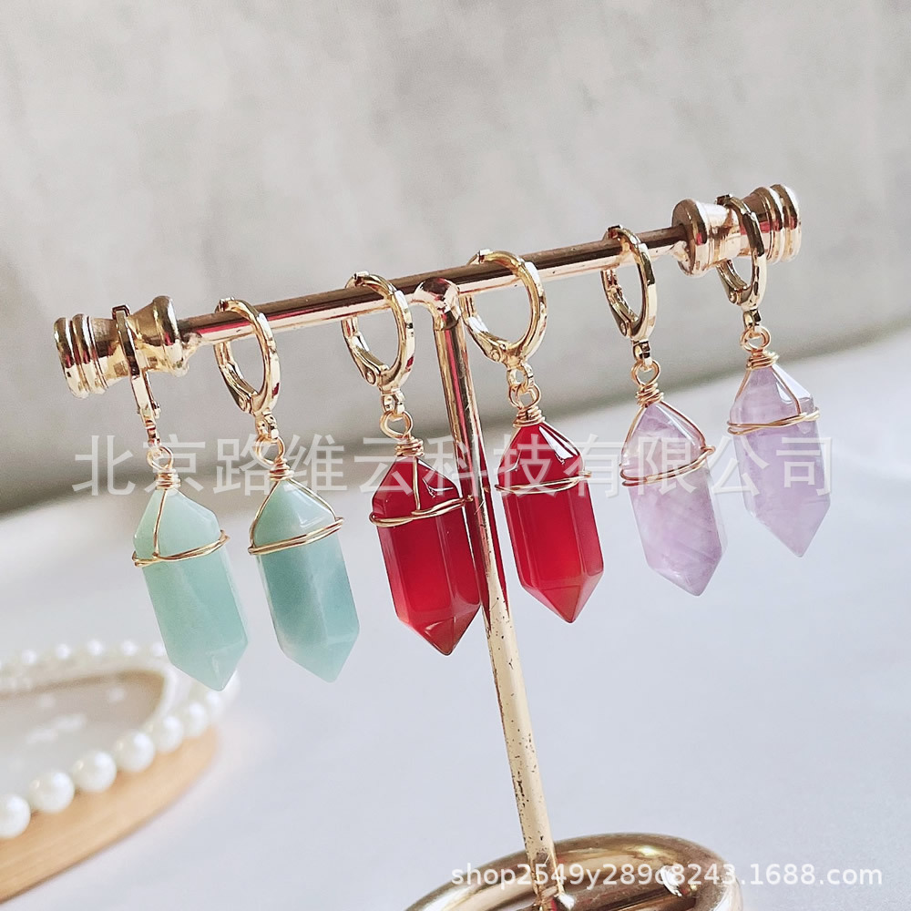 Pendientes de cristal natural de estilo explosivo transfronterizo, bala de doble punta, pequeña columna hexagonal, aretes de amatista de ágata roja, mujer