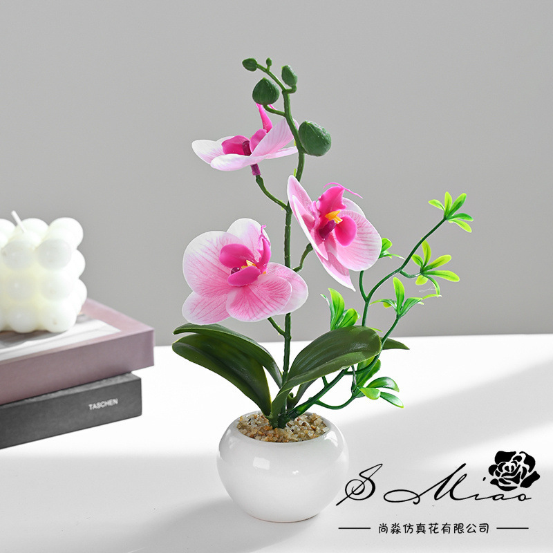 Flor artificial popular de cuatro cabezas Phalaenopsis mini bonsai artificial planta verde decoración creativa flor artificial Yiwu olla artificial image 3