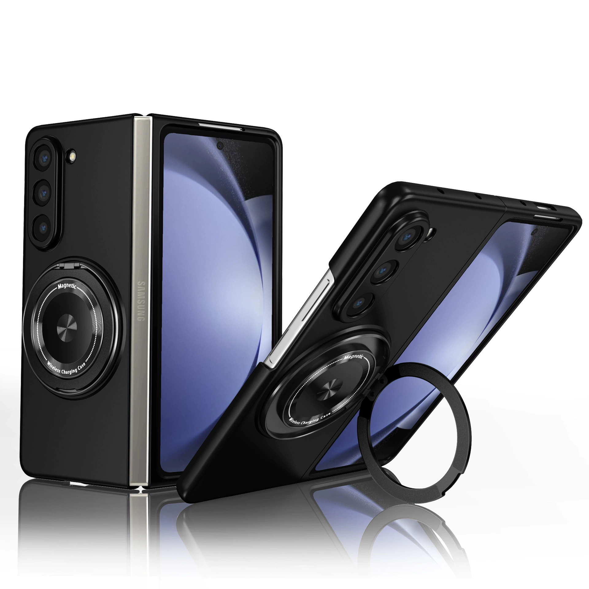 ケース（Samsung）Galaxy Z Fold7 — 磁気回転リングスタンド、Fold3〜Fold7対応、サファイア／ブラック／レッド