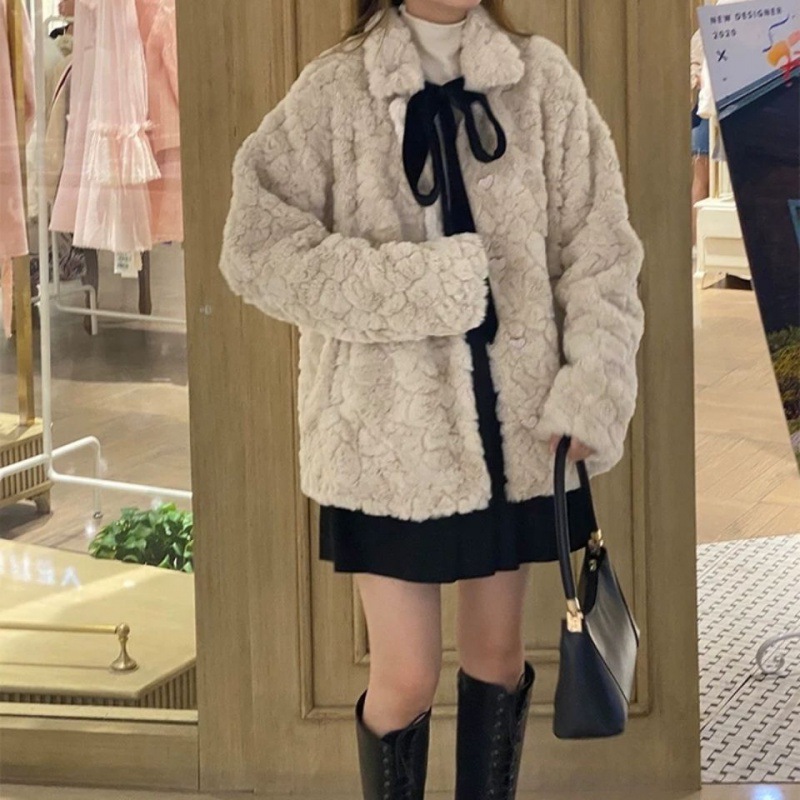 獭兔毛外套棉衣女2024新款秋冬羊羔毛蝴蝶结羊羔绒兔毛皮上衣代