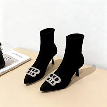小码靴34瘦瘦靴小筒围靴子高跟短靴不累脚尖头显瘦黑色中筒