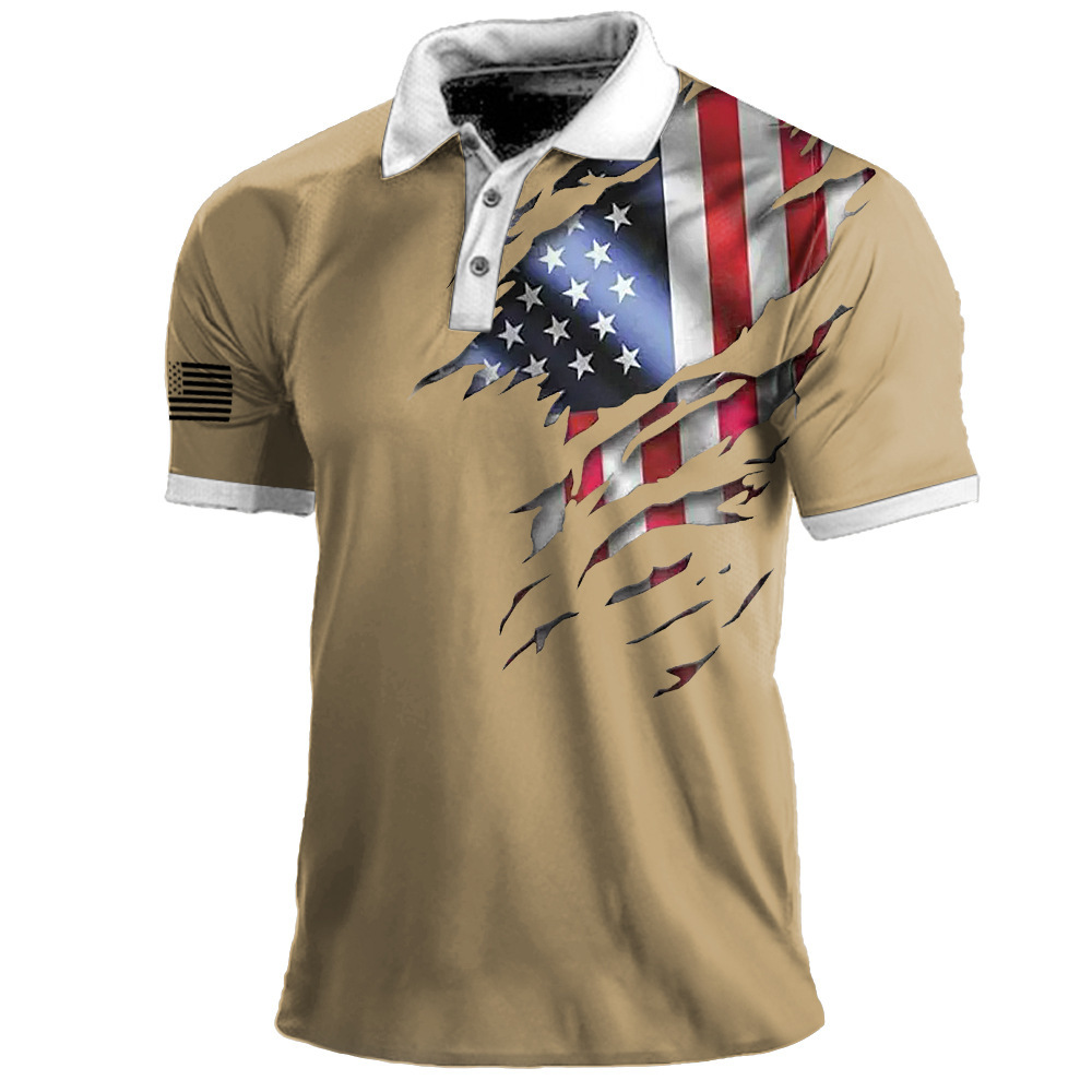 2023 Transfronterizo europeo y americano Amazon 3D impresión digital solapa de manga corta jersey casual para hombre camiseta con botones POLO