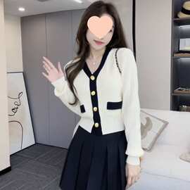 法式温柔小香风领拼色长袖针织开衫毛衣外套女春秋潮流上衣女