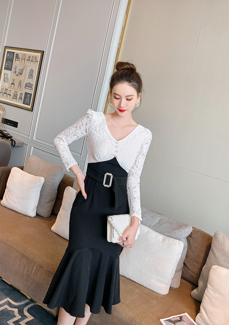 Đầm ôm body nữ cổ chữ V ren đuôi cá — Đen trắng chi tiết 11