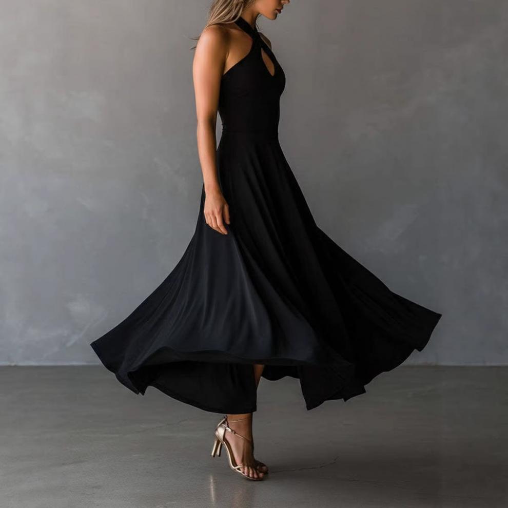 Women's Clothing Women's Retro Elegant Black Long Dress Keyhole Backless Halter Neck A Line For Formal & Casual For Women_ecoleips.com