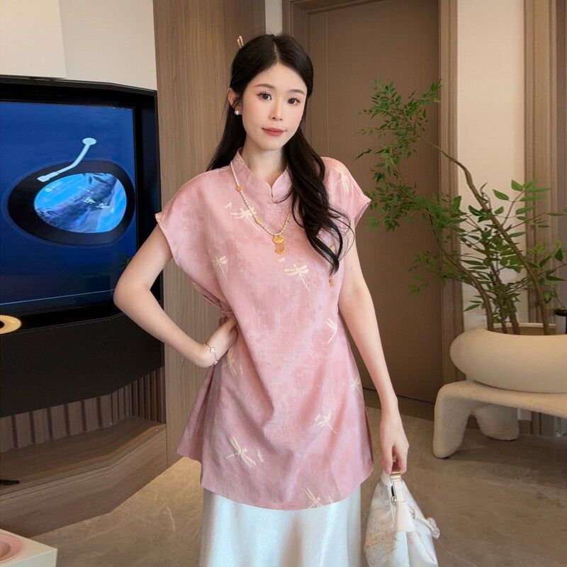 2025夏季绝美收腰改良旗袍中长款短袖衬衫新中式年轻国风无袖上衣|undefined
