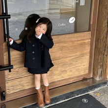 韩国女童小香风套装冬装小女孩洋气高级感双排扣儿童翻领上衣裙裤