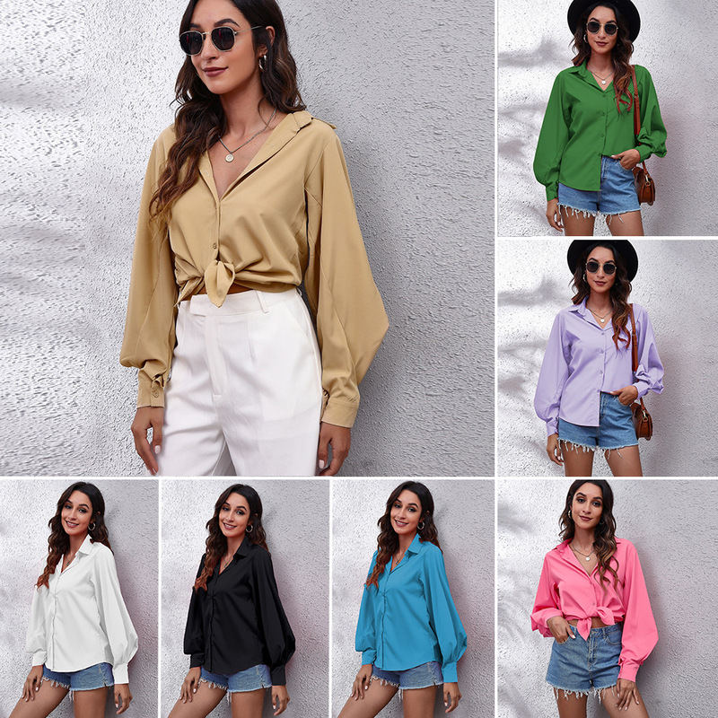 SMT Explosions Big Lantern Sleeve Shirt Women's Solid Color Lapel Long Sleeve Shirt New Chiffon Shirt Cross-border Foreign Trade