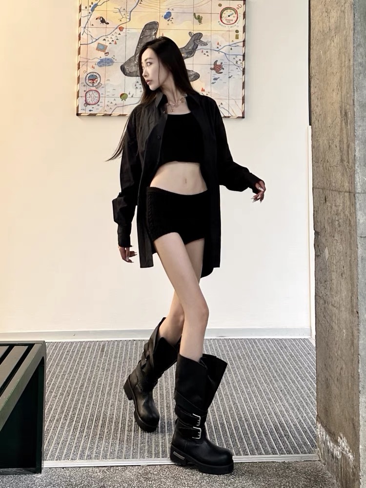 Retro Platform Knee High Boots For Women Punk Motorcycle Style_voghion.com