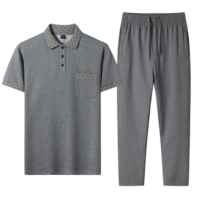 Papá verano algodón casual set hombre de manga corta de mediana edad suelta polo casual con solapa abuelo pantalones largos