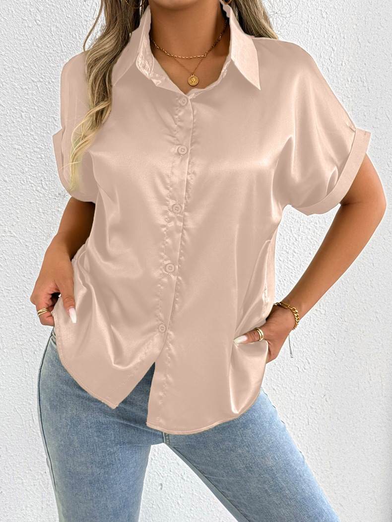 Foto real de ropa popular para mujer para exportación a Amazon, nueva camisa de satén azul de verano para mujer, camisa de satén para mujeres pequeñas.