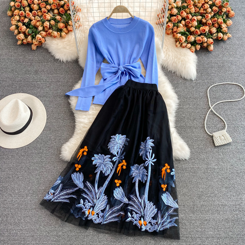 High waist mid-length over-the-knee mesh embroidered skirt versatile fairy fluffy dress two-piece set waist-tight sweater