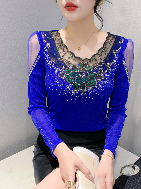 [Fábrica en stock] Otoño y invierno de 2025 nuevo estilo de manga larga estilo de estilo extranjero V-collar encaje collar taladro empalme image 1