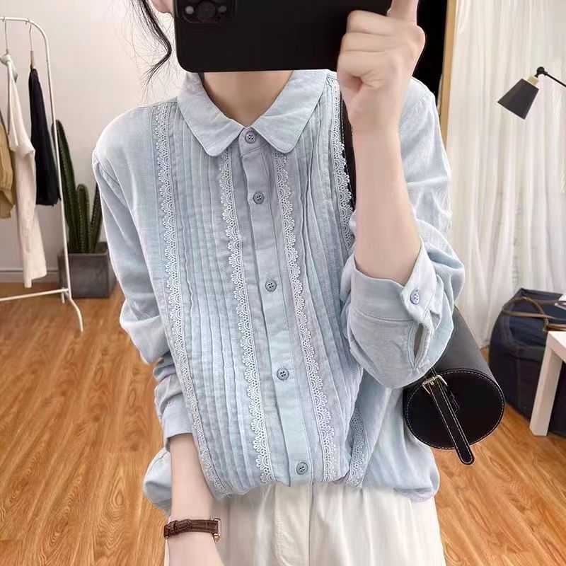 Ginglet Collar Lace Stitching Long-sleeved Shirt Women's Spring and Autumn Loose Retro Top Pleated Base Shirt Ginglet Collar Lace Stitching Long-sleeved Shirt Women's Spring and Autumn Loose Retro Top Pleated Base Shirt