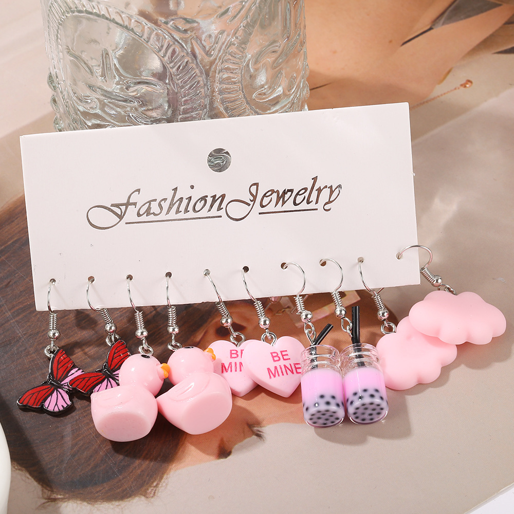 Cute Heart Shape Flower Butterfly Alloy Resin Metal Earrings display picture 2