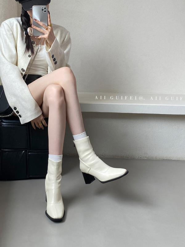 Ali guifei  高跟杏色瘦瘦靴短靴女鞋2025秋季单靴方头马丁靴法式|undefined