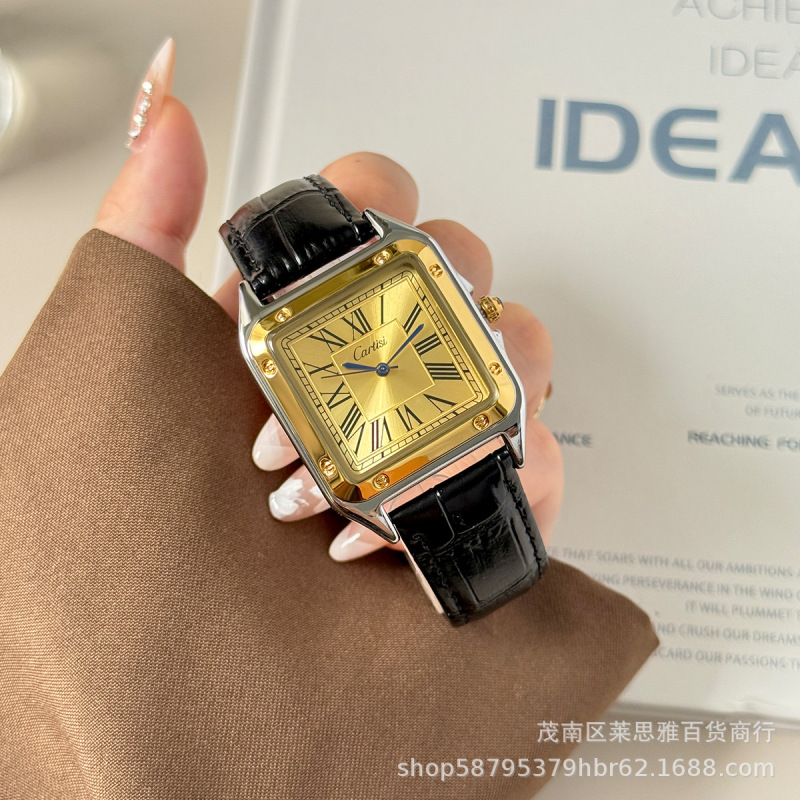 Cartisi Watch New Square Roman Numeral Leather Strap Wristwatch Ip Electroplated Waterproof Men's Quartz Men's Watch Cross-Border