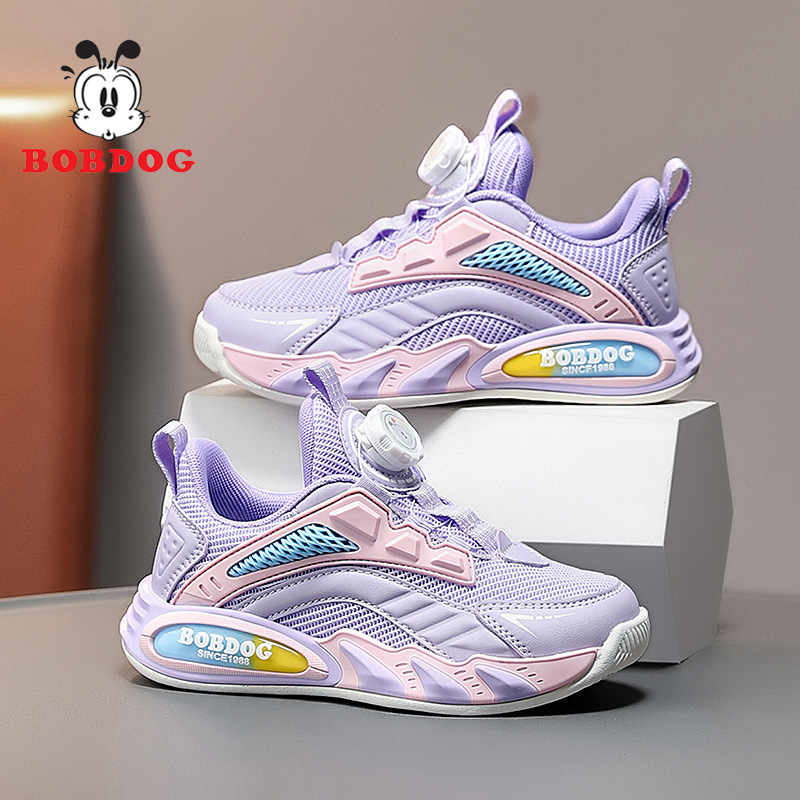 Babu Bean zapatos para niños primavera y otoño 2025 nuevo botón giratorio zapatos de niños de tamaño medio y grande malla transpirable zapatos deportivos para niños