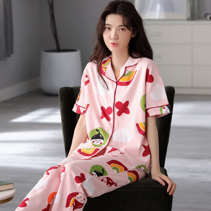 Pijamas mujer primavera y verano fino 100% algodón traje de dos piezas verano Pantalones de manga corta se puede usar fuera más tamaño homewear