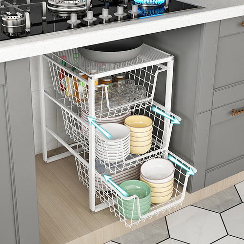 Kitchen drawer-style shelf dish and plate storage divider pull-out cabinet multi-layer rack bowl and chopsticks stand
