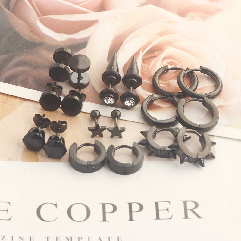 9 Pair Black Silver Zircon Earrings Round Barbell Earrings Men's Personality Cross-border Amazon Set detail image 11
