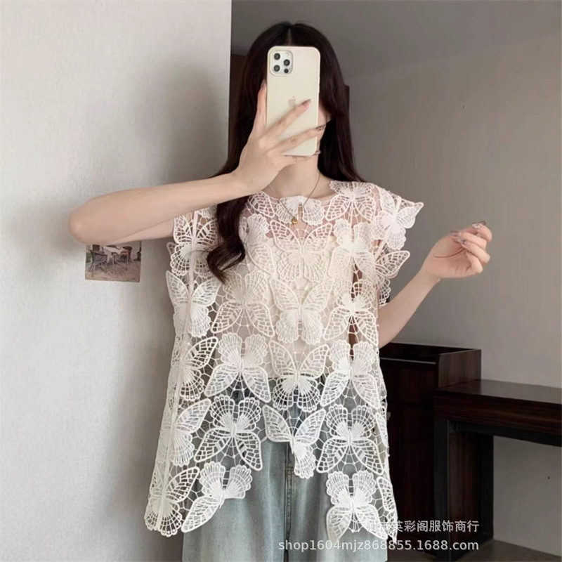 Sleeveless Vest for Women with Lace Butterfly Embroider Cut Out Outer Wear Spring & Fall New Outer Vest Blouse Layered Top