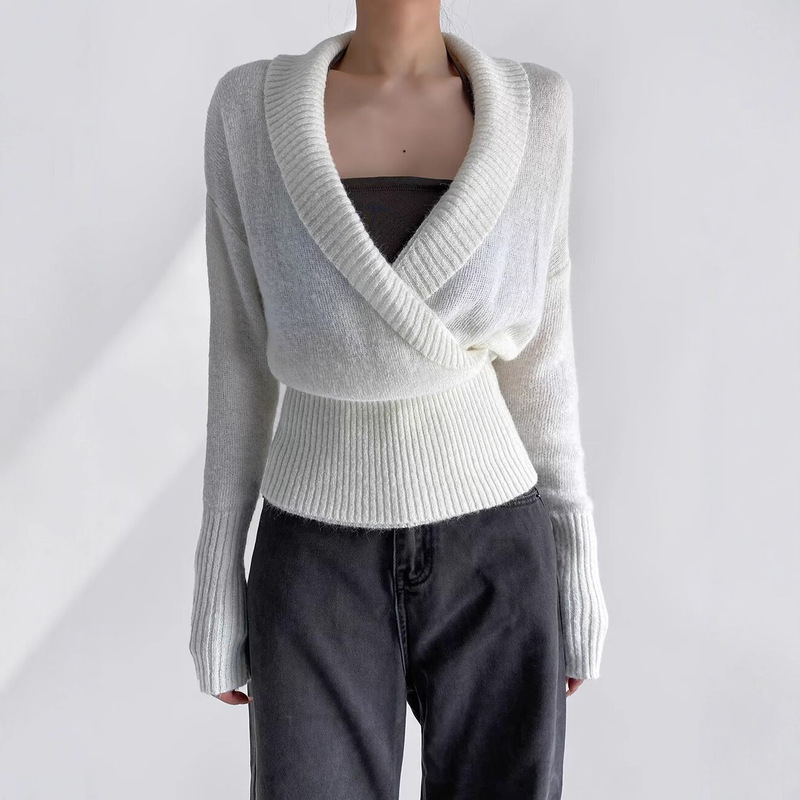 Brown Lapel Cross Design Sweater for Women, Autumn Lazy Knitted Sweater, Loose Temperament Top