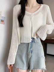 中空ニットカーディガンとサスペンダーブラウス女性の夏のコートチュール無地日焼け止めショートショールトップ