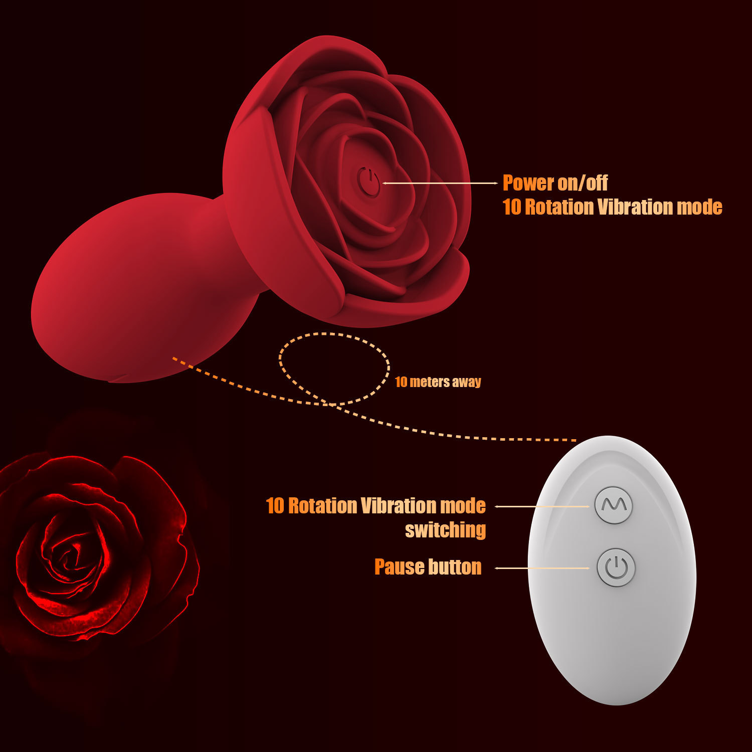 App Remote Control Vibrating Rose Anal Plug with 10 Frequencies and Swinging Motion — detail image 4