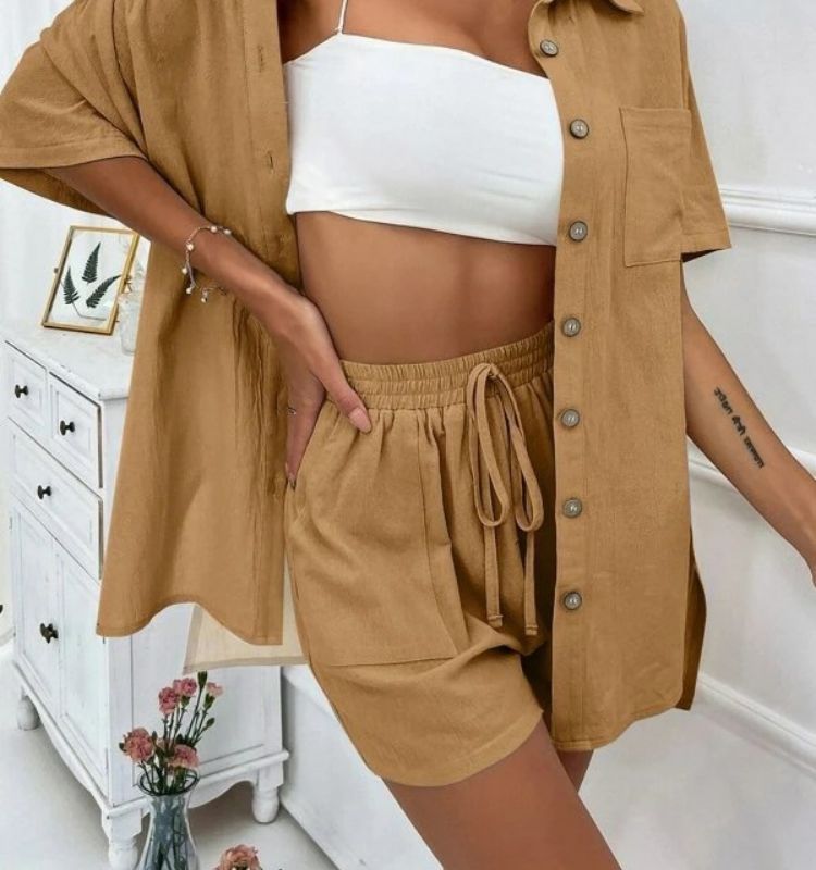 Casual Women's Shorts Set Two Piece Solid Colour Summer Outfit_voghion.com