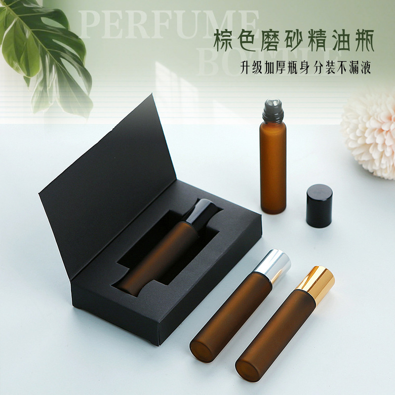 In Stock: 10ml Frosted Brown Glass Essential Oil Roller Bottle, Perfume Decanting Bottle, Paired with an Exquisite Flip-Top Box