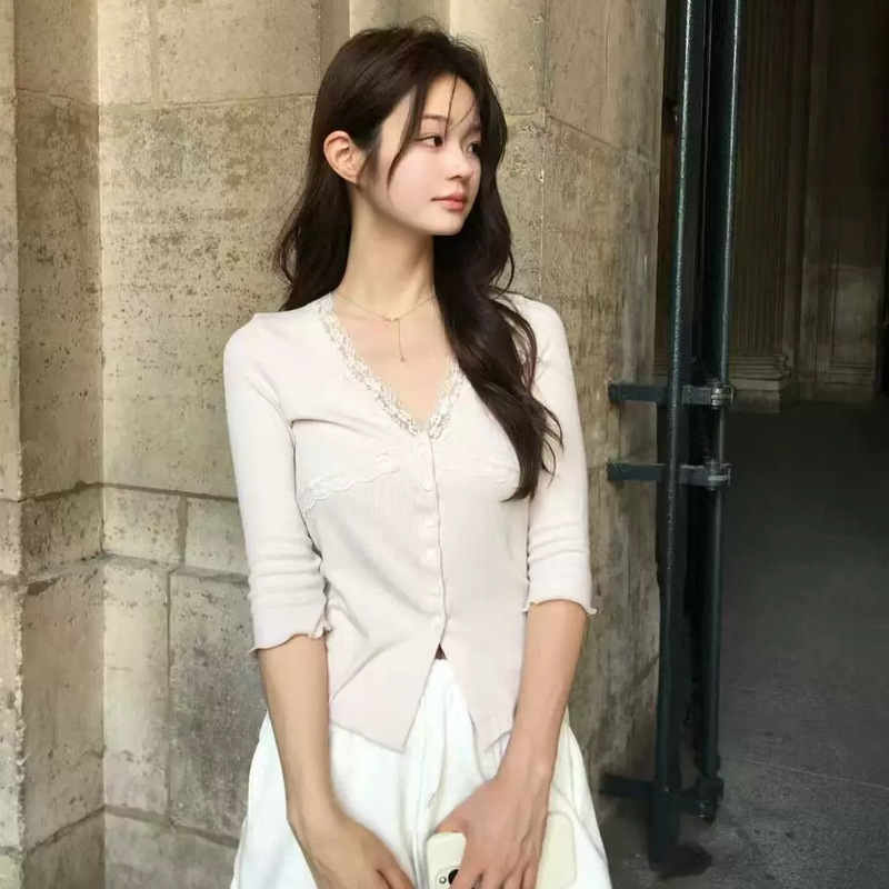 Xh Korean-Style V-Neck Cross Lace Three-Quarter Sleeve Buttoned Cardigan Dongdaemun Autumn New Slim-Fit Top