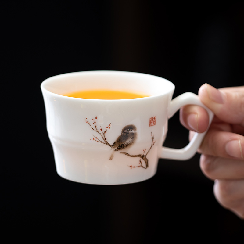 Ceramic Tea Cup with Handle, Master Cup, Single Cup, White Porcelain, Kung Fu Tea Set, 120ml, Portable