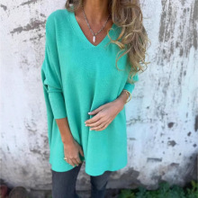 2024新款亚马逊独立站欧美秋冬季新款长袖针织V领宽松长款上衣女