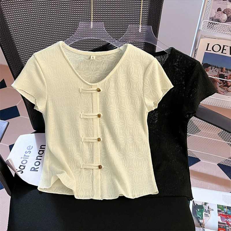 Женская футболка с короткими рукавами в китайском стиле, новинка 2025 года, лето, стиль Республики Китай, уникальный и отличительный короткий новый китайский топ с v-образным вырезом