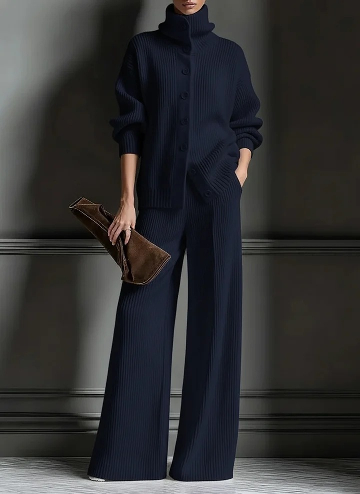 turtleneck Solid Color Cardigan Long-sleeved Top Wide-leg Pants Set Knitted 2-piece Set_ecoleips.com