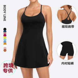 女瑜伽服运动连衣裙露背带胸垫防走光健身跑步透气速干羽毛网球裙