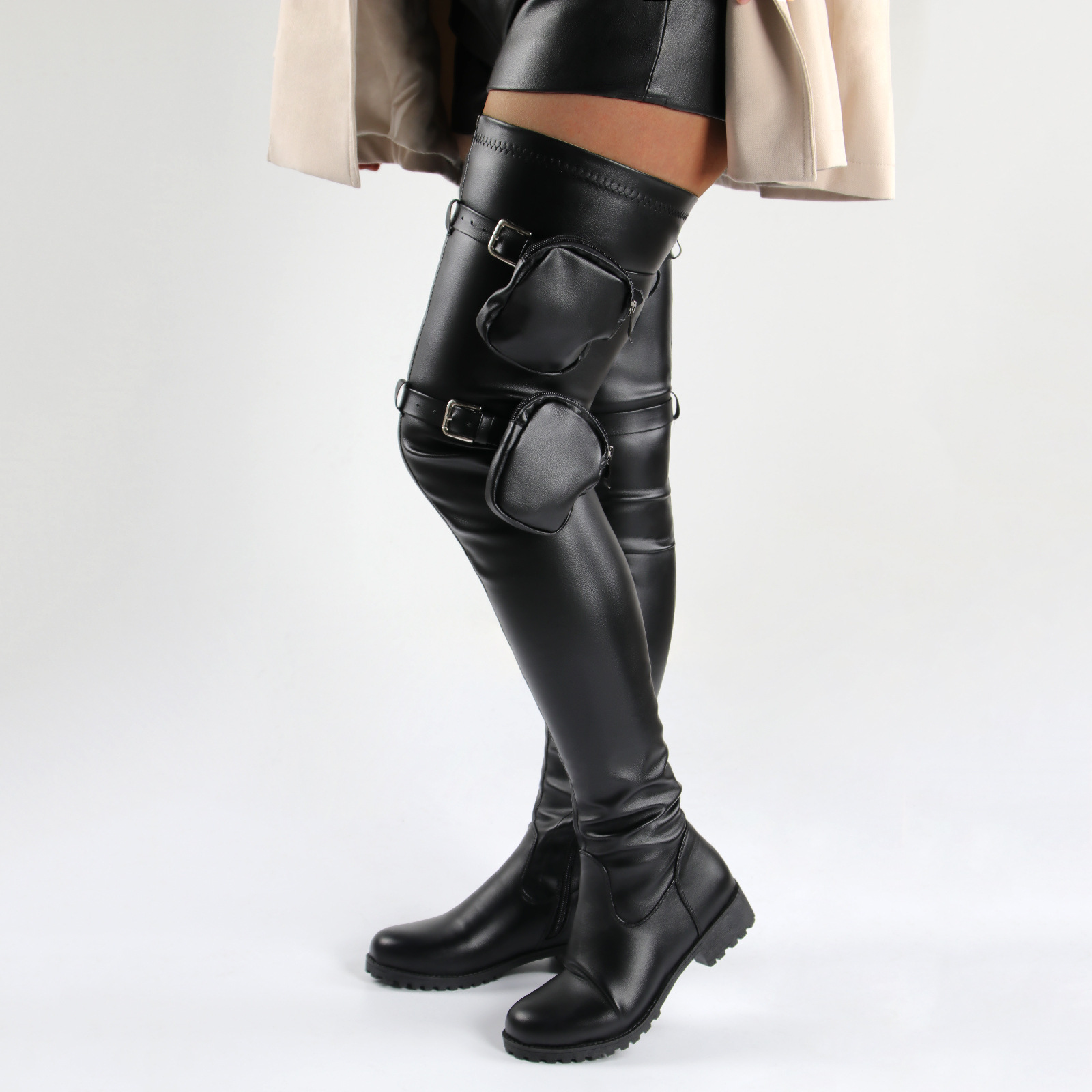Damen Overknee Stiefel Mit Niedrigem Blockabsatz Und Mini Tasche_voghion.com