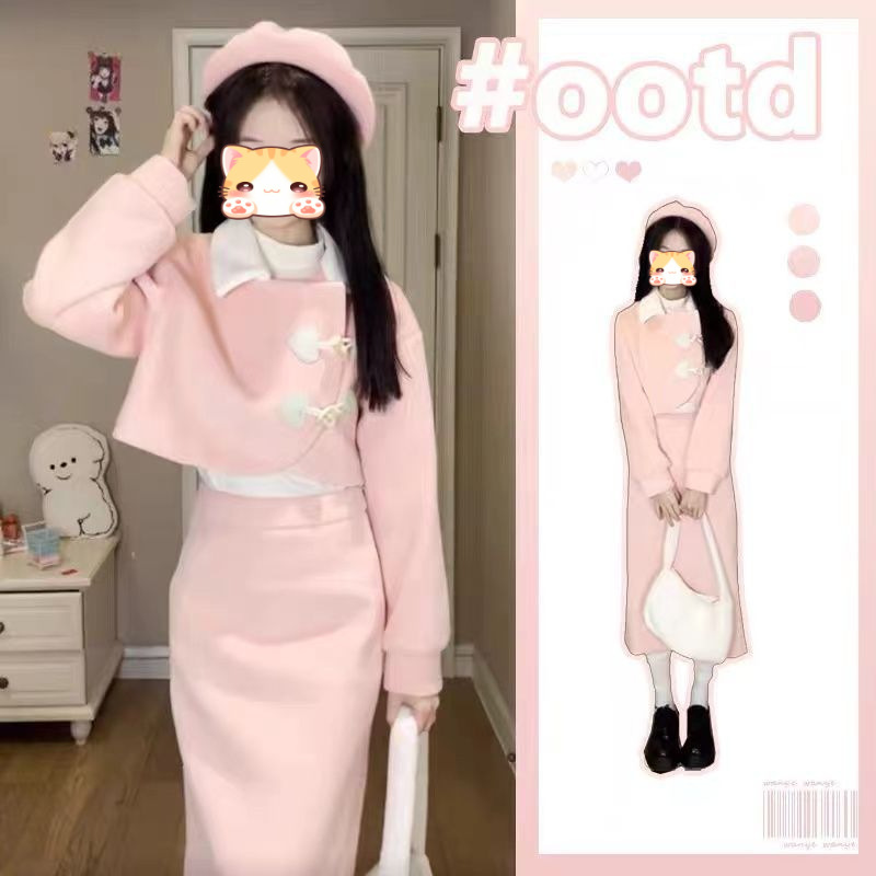 小个子奶fufu深冬装搭配一整套装女富家千金毛呢短外套两件套裙子